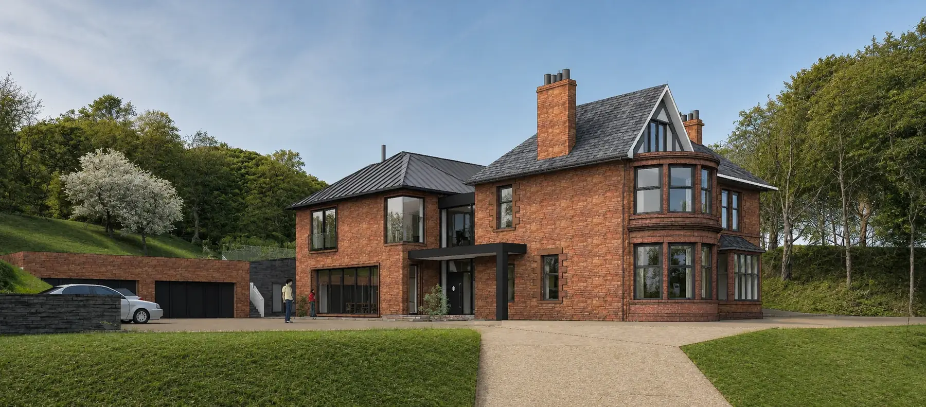 Front oblique view of the Victorian villa with the contemporary extension and garaging beyond