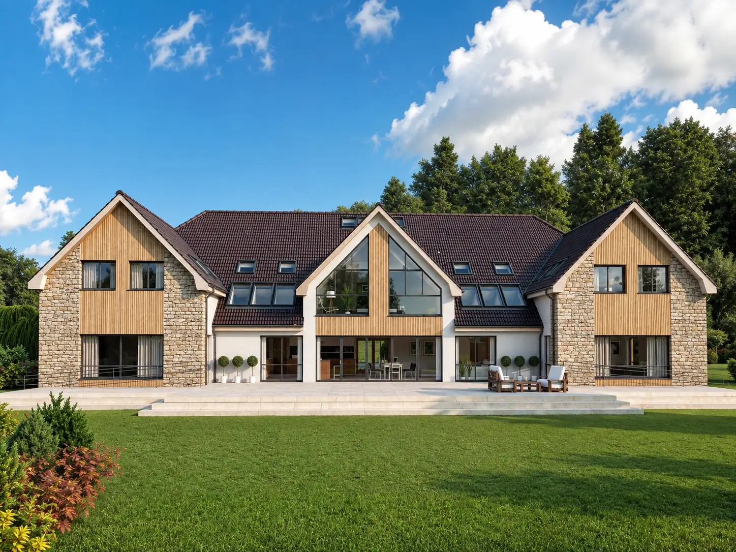 Proposed rear elevation in daylight — three timber-clad gables, terrace and lawn