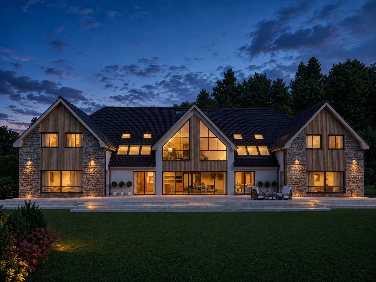 Proposed rear elevation at dusk, interiors lit and terrace uplit