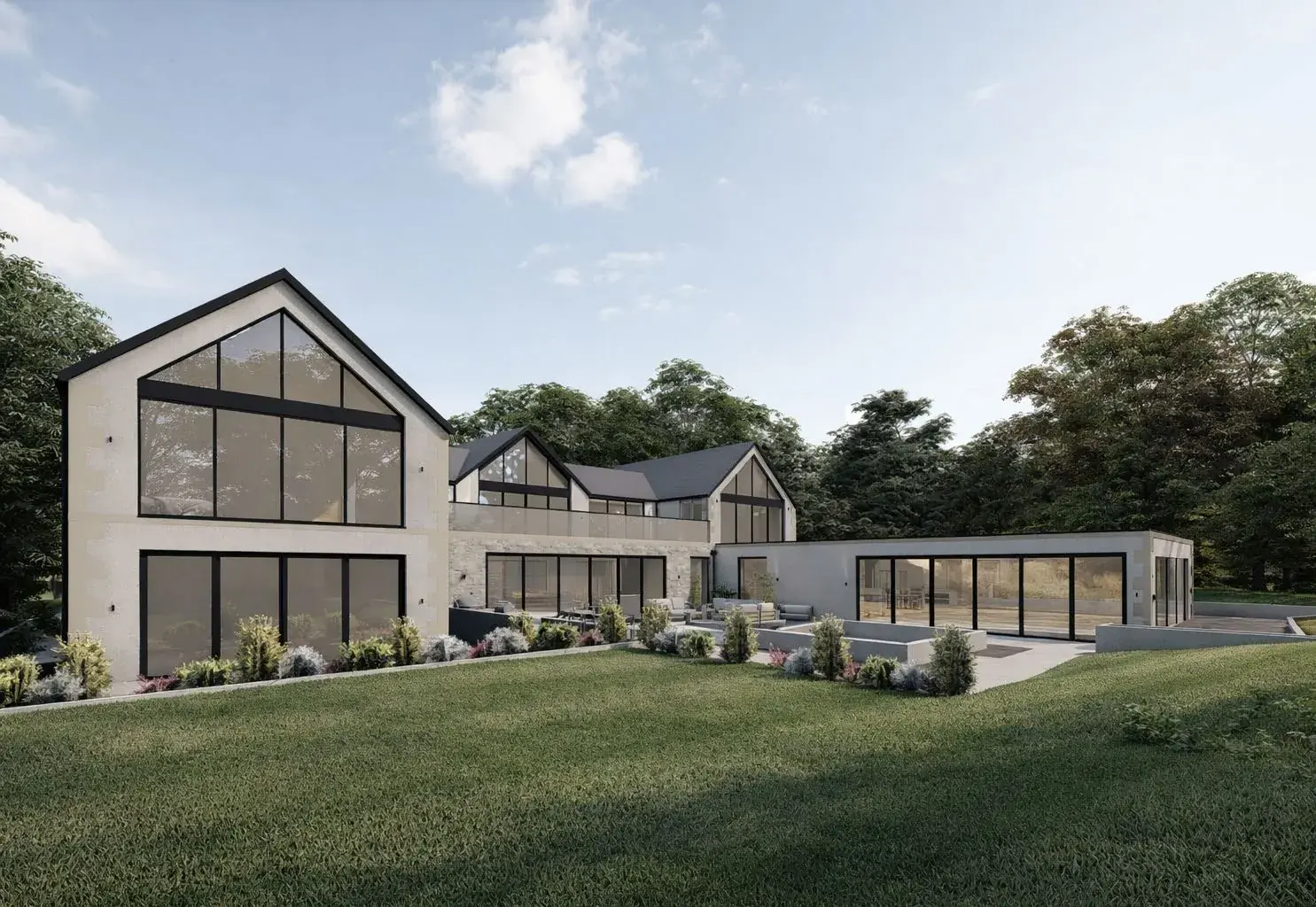 Rear garden elevation of the residence in daylight, showing the glazed gables, terrace and pool wing